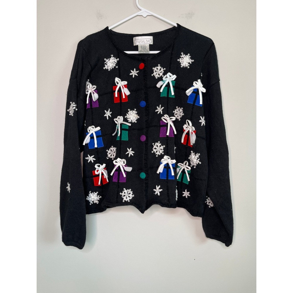 2000s Mandal Bay Christmas Gifts Rainbow Festive Snowflakes Teacher Cardigan XL